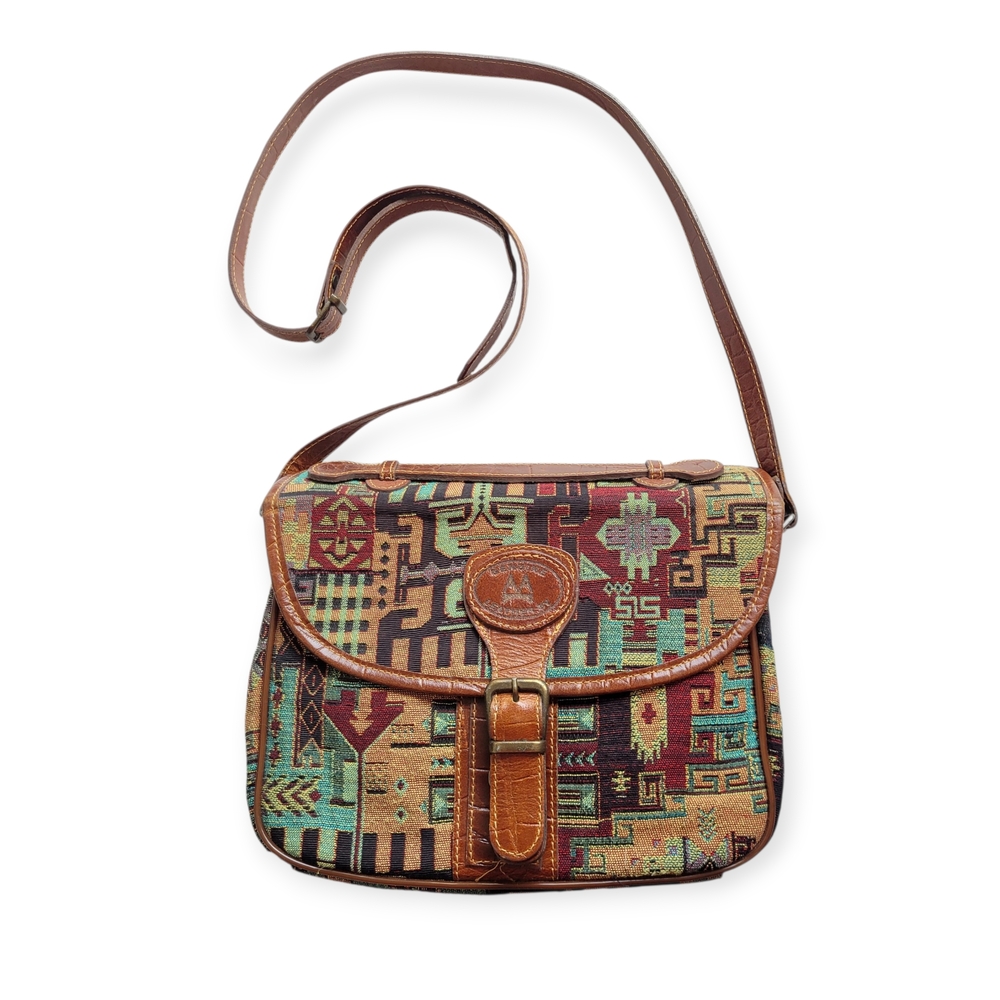 Southwestern Tapestry Crossbody Bag with Brown Leather Accents